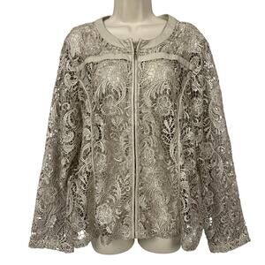 Chicos Open Lace Jacket Cardigan Size 3 Beige Tan Sheer Crochet Lace Dressy XL